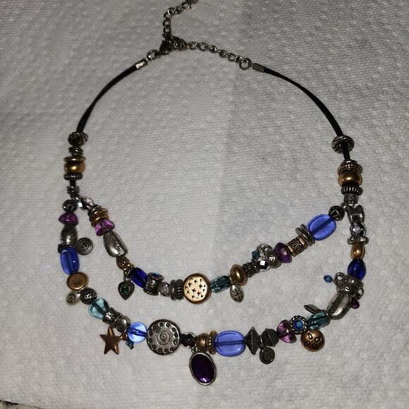 BOHO BEADED 2 LAYER CHARMS BEADS SILVER GOLD BEAD NECKLACE - Picture 1 of 5